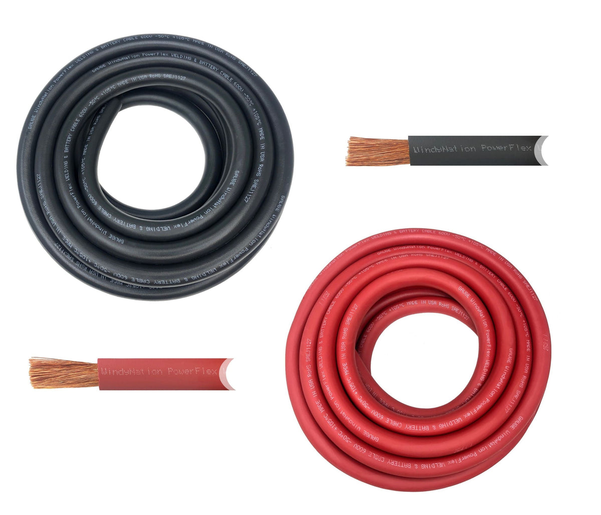 Red and black battery cable — representative supplier photo; sold by the foot