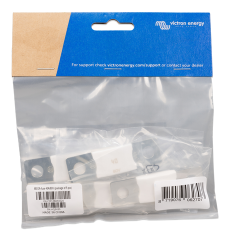 Victron MEGA 80V five-fuse retail bag; representative packaging, 40A label shown